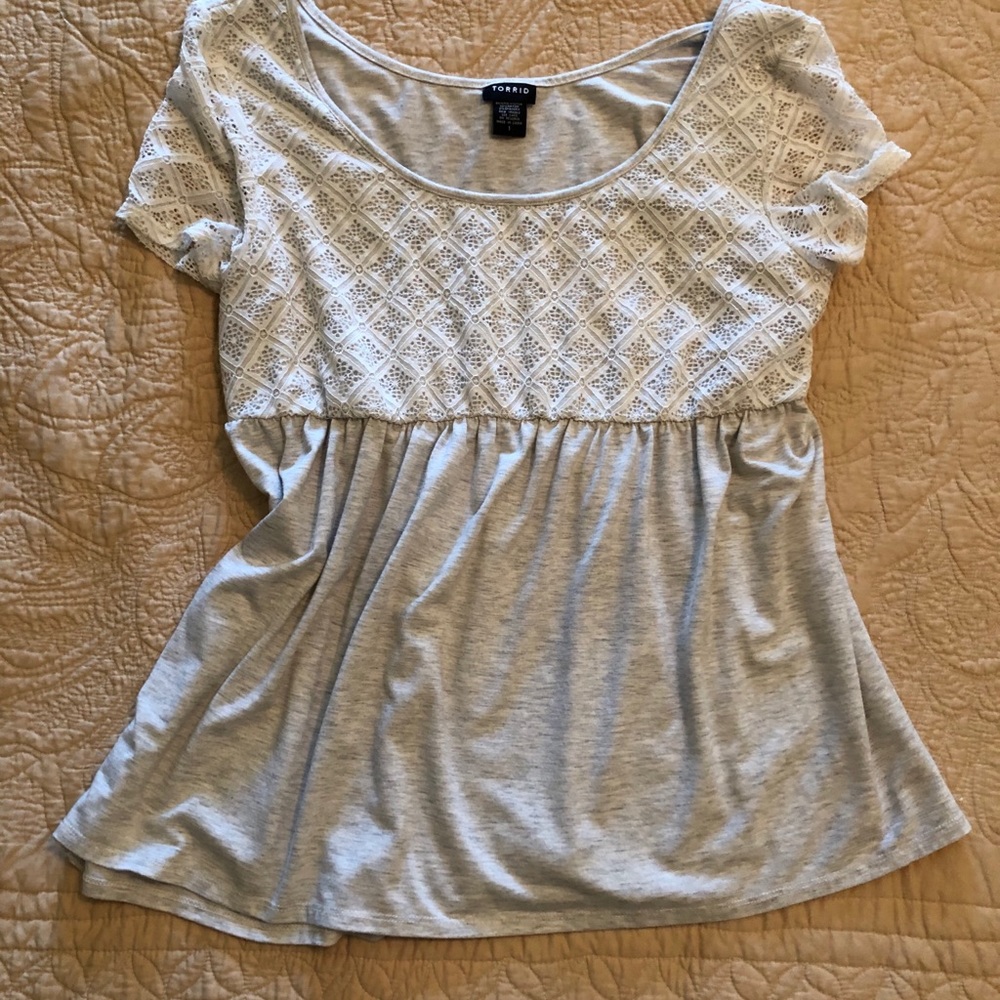 Gray top with lace bodice.